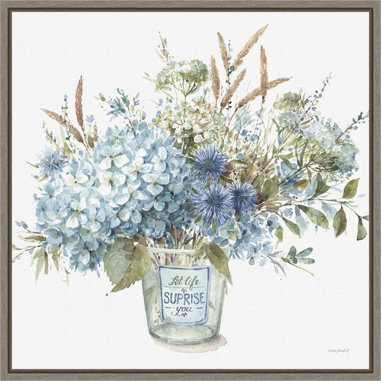 Bohemian Blue 02B (Floral Vase) by Lisa Audit 16-in. W x 16-in. H. Canvas Wall Art Print Framed in Grey